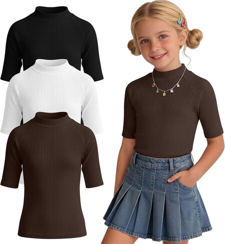 3 Pack Girls' Mock Turtleneck Tops Ribbed Knit Half Sleeve Shirts Slim Fit Solid Basic Tees for Kids Summer in Kuwait