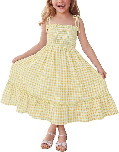Girls Plaid Dress Sleeveless Checkered Flowy Cami Strap Dress Casual Check Sundress for Kids 5-14 Years in Saudi Arabia