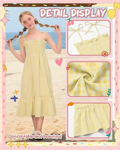 Girls Plaid Dress Sleeveless Checkered Flowy Cami Strap Dress Casual Check Sundress for Kids 5-14 Years in Saudi Arabia