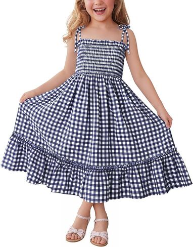 Girls Plaid Dress Sleeveless Checkered Flowy Cami Strap Dress Casual Check Sundress for Kids 5-14 Years in Saudi Arabia