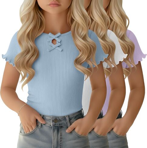 3 Pack Girls Short Sleeve Shirts Cotton Summer Ribbed Lettuce Trim Top with Bow Kids Keyhole Neck Cute Basic Tee in Kuwait