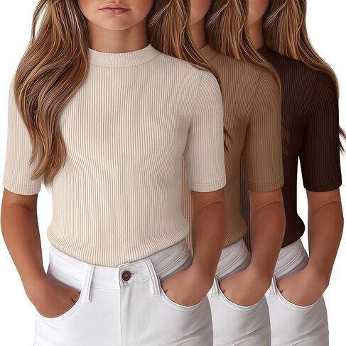 3 Pack Girl's Shirts Half Sleeve Slim Fit Ribbed Tops Kids Lightweight Mock Turtleneck Summer Spring Tees 5-16 Years in Saudi Arabia