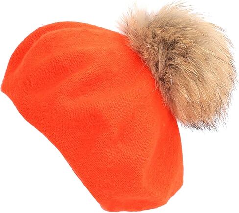 Big Pompom Women Beret, Furry Faux Fur Ball Artist Beret Hat for Girls, Vintage Autumn Spring Wool Knitted Cap in Saudi Arabia