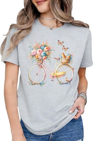 Women Floral Graphic Tee Short Sleeve T-Shirts Watercolor Bicycle Flowers Printed Spring Summer Tops Tshirt in Saudi Arabia