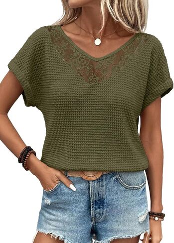 Dokotoo Women's Casual 2026 Waffle Knit Hollow Out Lace Tops Short Sleeve V Neck Loose Fit Shirts Blouses in Saudi Arabia