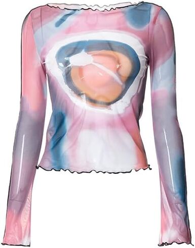 Fairy Grunge Graphic Print Long Sleeve Top Y2K Mesh Tops Aesthetic One Shoulder T-Shirt Top Crewneck Crop Tops in Kuwait