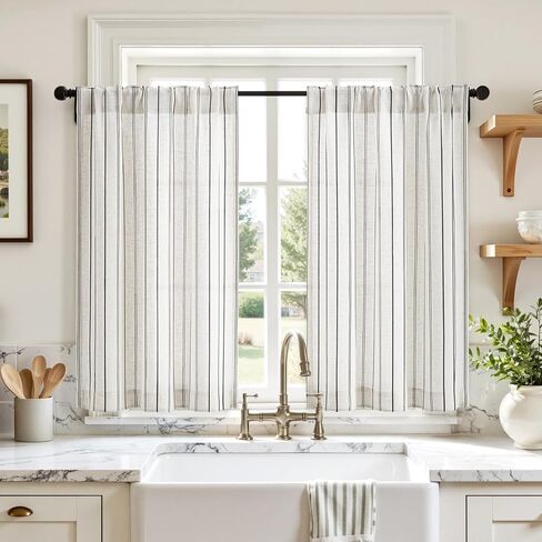 ستائر المطبخ من الكتان المخطط من HOMEIDEAS، مقاس 91.44 سم، مجموعات ستائر ذات طبقة طبيعية لتصفية ضوء مزرعة بوهو، معالجات النوافذ الصغيرة للحمام ومقهى RV لوحتين، أسود in Saudi Arabia