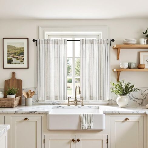 ستائر المطبخ من الكتان المخطط من HOMEIDEAS، مقاس 91.44 سم، مجموعات ستائر ذات طبقة طبيعية لتصفية ضوء مزرعة بوهو، معالجات النوافذ الصغيرة للحمام ومقهى RV لوحتين، أسود in Saudi Arabia