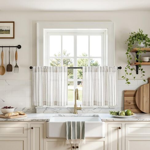 ستائر المطبخ من الكتان المخطط من HOMEIDEAS، مقاس 91.44 سم، مجموعات ستائر ذات طبقة طبيعية لتصفية ضوء مزرعة بوهو، معالجات النوافذ الصغيرة للحمام ومقهى RV لوحتين، أسود in Saudi Arabia