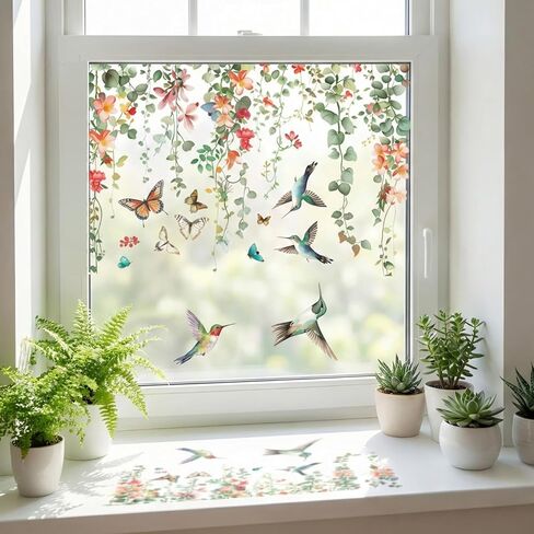 Spring Window Clings for Glass Windows, Floral Leaf Double Sided Self-Adhesive Window Stickers, Summer Plant Anti-Collision Bird Strike Prevention Film for Home Office Decor in Kuwait