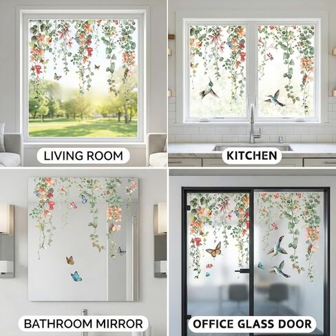 Spring Window Clings for Glass Windows, Floral Leaf Double Sided Self-Adhesive Window Stickers, Summer Plant Anti-Collision Bird Strike Prevention Film for Home Office Decor in Kuwait