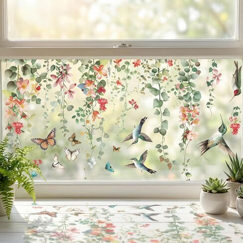Spring Window Clings for Glass Windows, Floral Leaf Double Sided Self-Adhesive Window Stickers, Summer Plant Anti-Collision Bird Strike Prevention Film for Home Office Decor in Kuwait