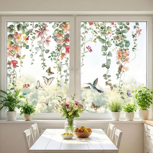 Spring Window Clings for Glass Windows, Floral Leaf Double Sided Self-Adhesive Window Stickers, Summer Plant Anti-Collision Bird Strike Prevention Film for Home Office Decor in Kuwait