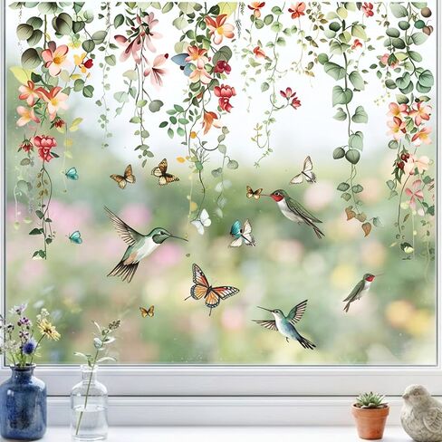 Spring Window Clings for Glass Windows, Floral Leaf Double Sided Self-Adhesive Window Stickers, Summer Plant Anti-Collision Bird Strike Prevention Film for Home Office Decor in Kuwait
