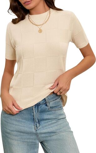 Cakulo Womens Short Sleeve Knit Sweater Checkered Business Casual Work Tops 2026 Spring Summer Vacation Outfits Apricot L in Kuwait