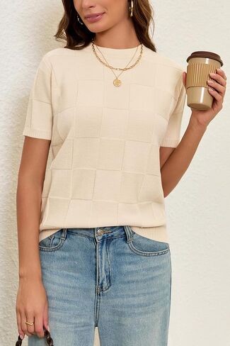 Cakulo Womens Short Sleeve Knit Sweater Checkered Business Casual Work Tops 2026 Spring Summer Vacation Outfits Apricot L in Kuwait