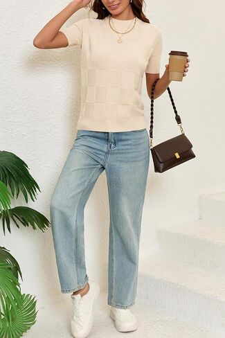 Cakulo Womens Short Sleeve Knit Sweater Checkered Business Casual Work Tops 2026 Spring Summer Vacation Outfits Apricot L in Kuwait