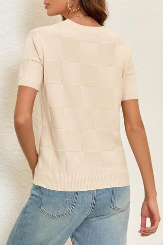 Cakulo Womens Short Sleeve Knit Sweater Checkered Business Casual Work Tops 2026 Spring Summer Vacation Outfits Apricot L in Kuwait