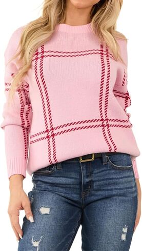 Women's Casual Long Sleeve Knit Sweater Trendy Tops Winter Fall Winter Crew Neck Pink Plaid Pattern in Saudi Arabia