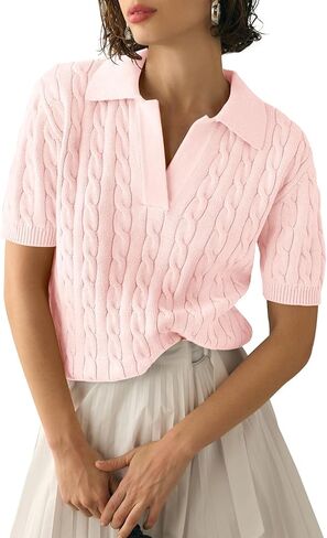 Womens Short Sleeve V Neck Sweaters Cable Knit Collared Pullover Sweater 2024 Trendy Comfy Polo Shirts in Kuwait