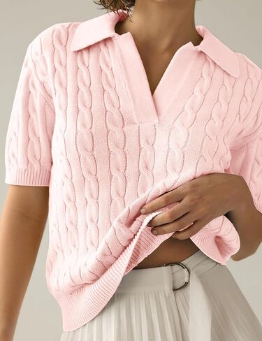 Womens Short Sleeve V Neck Sweaters Cable Knit Collared Pullover Sweater 2024 Trendy Comfy Polo Shirts in Kuwait