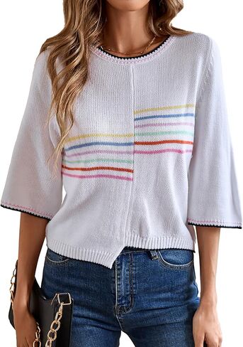 Womens Cute Rainbow Striped Sweater Spring 2026 Ribbed Knit Color Block Crewneck 3/4 Sleeve Pullover Sweaters in Kuwait