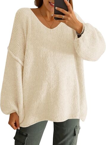 UNCLECAT Womens Oversized V Neck Sweaters Chunky Knit Long Lantern Sleeve Fall Winter Slouchy Tunic Casual Sweater Tops 2025 in Kuwait