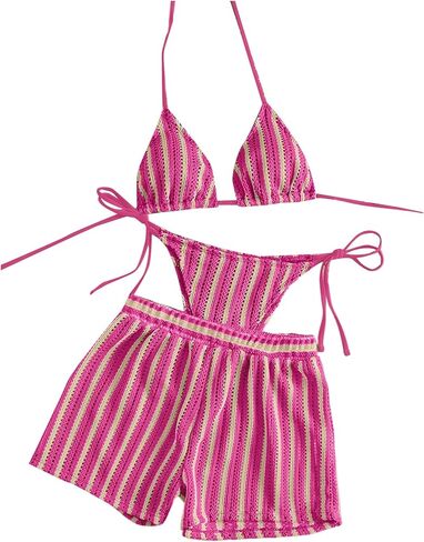 Women's 3 Piece Bathing Suit Striped Halter Swimsuit Tie Side Backless Bikini Set with Cover Up Shorts in Saudi Arabia