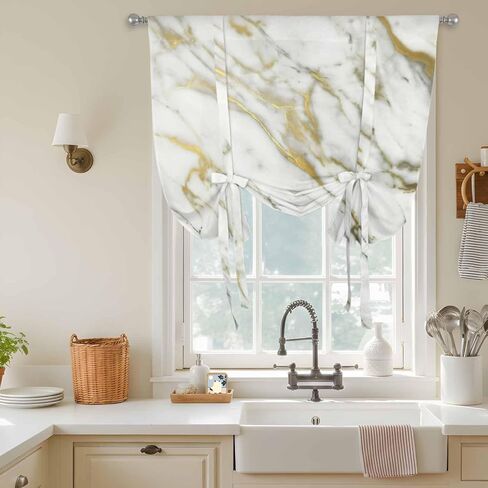 Golden Marble Tie Up Curtains for Window, Vintage Abstract Modern Art Thermal Insulated Balloon Shade Adjustable Rod Pocket Curtains Valance Panels for Kitchen Bathroom Café 52'' x 45'' in Saudi Arabia
