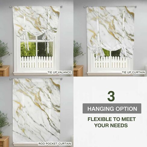 Golden Marble Tie Up Curtains for Window, Vintage Abstract Modern Art Thermal Insulated Balloon Shade Adjustable Rod Pocket Curtains Valance Panels for Kitchen Bathroom Café 52'' x 45'' in Saudi Arabia