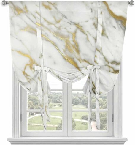 Golden Marble Tie Up Curtains for Window, Vintage Abstract Modern Art Thermal Insulated Balloon Shade Adjustable Rod Pocket Curtains Valance Panels for Kitchen Bathroom Café 52'' x 45'' in Saudi Arabia
