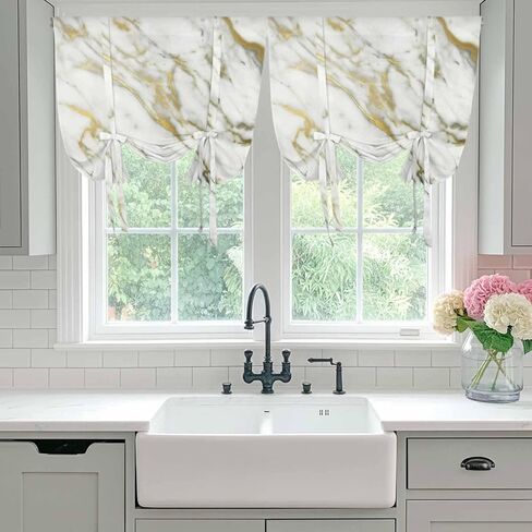 Golden Marble Tie Up Curtains for Window, Vintage Abstract Modern Art Thermal Insulated Balloon Shade Adjustable Rod Pocket Curtains Valance Panels for Kitchen Bathroom Café 52'' x 45'' in Saudi Arabia