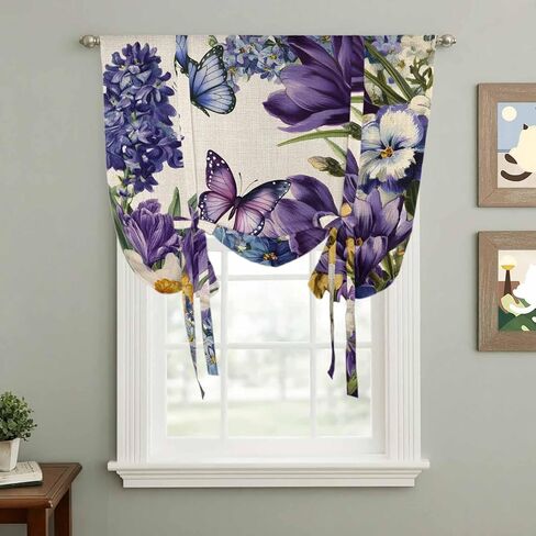 Spring Floral Tie Up Curtains for Window, Purple Tulips Hydrangeas Butterflies Beige Thermal Insulated Balloon Shade Adjustable Rod Pocket Curtains Valance Panels for Kitchen Bathroom Café 34'' x 45'' in Saudi Arabia