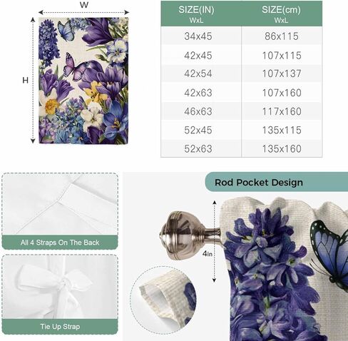 Spring Floral Tie Up Curtains for Window, Purple Tulips Hydrangeas Butterflies Beige Thermal Insulated Balloon Shade Adjustable Rod Pocket Curtains Valance Panels for Kitchen Bathroom Café 34'' x 45'' in Saudi Arabia