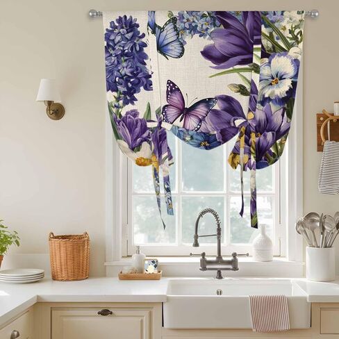 Spring Floral Tie Up Curtains for Window, Purple Tulips Hydrangeas Butterflies Beige Thermal Insulated Balloon Shade Adjustable Rod Pocket Curtains Valance Panels for Kitchen Bathroom Café 34'' x 45'' in Saudi Arabia
