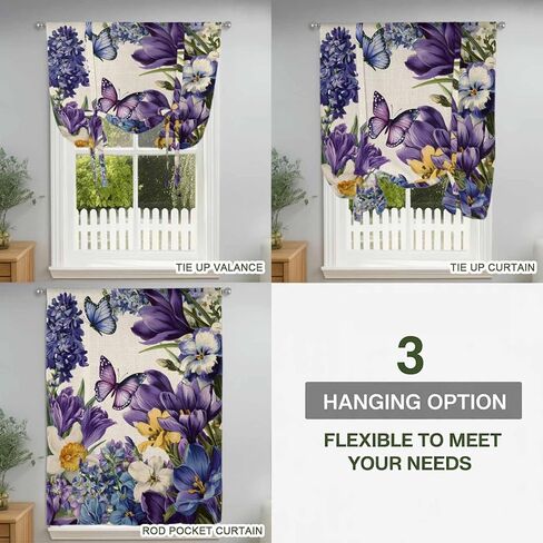 Spring Floral Tie Up Curtains for Window, Purple Tulips Hydrangeas Butterflies Beige Thermal Insulated Balloon Shade Adjustable Rod Pocket Curtains Valance Panels for Kitchen Bathroom Café 34'' x 45'' in Saudi Arabia