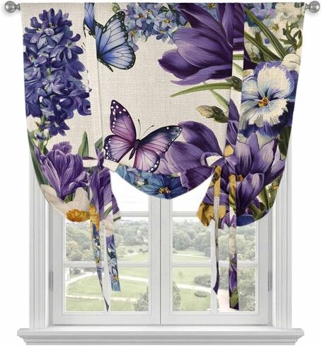 Spring Floral Tie Up Curtains for Window, Purple Tulips Hydrangeas Butterflies Beige Thermal Insulated Balloon Shade Adjustable Rod Pocket Curtains Valance Panels for Kitchen Bathroom Café 34'' x 45'' in Saudi Arabia