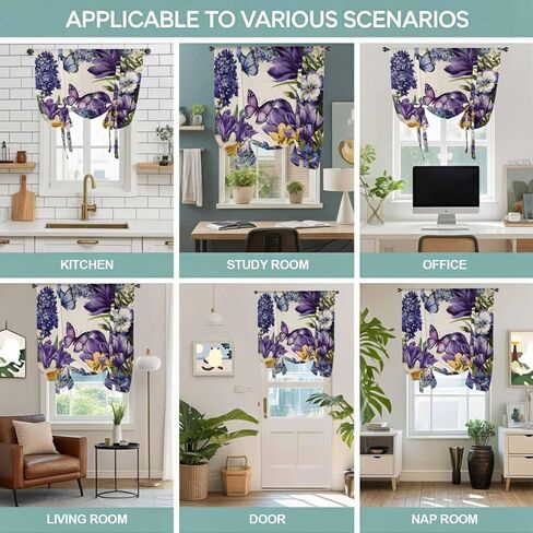 Spring Floral Tie Up Curtains for Window, Purple Tulips Hydrangeas Butterflies Beige Thermal Insulated Balloon Shade Adjustable Rod Pocket Curtains Valance Panels for Kitchen Bathroom Café 34'' x 45'' in Saudi Arabia