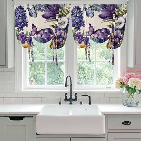 Spring Floral Tie Up Curtains for Window, Purple Tulips Hydrangeas Butterflies Beige Thermal Insulated Balloon Shade Adjustable Rod Pocket Curtains Valance Panels for Kitchen Bathroom Café 34'' x 45'' in Saudi Arabia