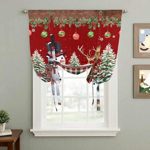 Red Christmas Tie Up Curtains for Window, Snowman Xmas Tree Ball Snowflake Elk Winter Thermal Balloon Shade Adjustable Rod Pocket Curtains Valance Panels for Kitchen Bathroom Café 52'' x 45'' in Saudi Arabia