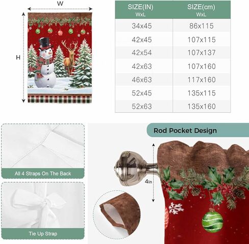 Red Christmas Tie Up Curtains for Window, Snowman Xmas Tree Ball Snowflake Elk Winter Thermal Balloon Shade Adjustable Rod Pocket Curtains Valance Panels for Kitchen Bathroom Café 52'' x 45'' in Saudi Arabia