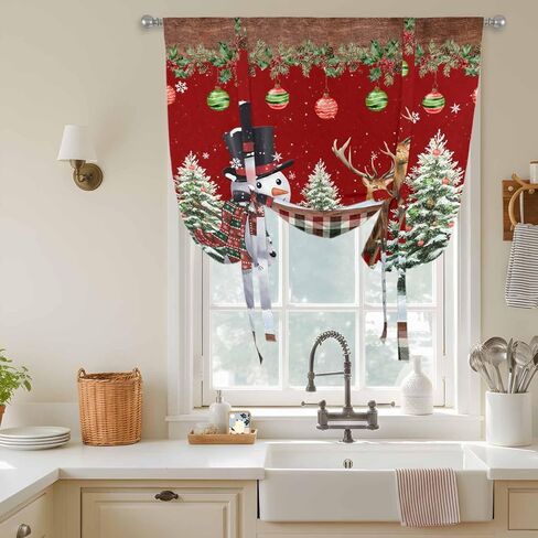 Red Christmas Tie Up Curtains for Window, Snowman Xmas Tree Ball Snowflake Elk Winter Thermal Balloon Shade Adjustable Rod Pocket Curtains Valance Panels for Kitchen Bathroom Café 52'' x 45'' in Saudi Arabia