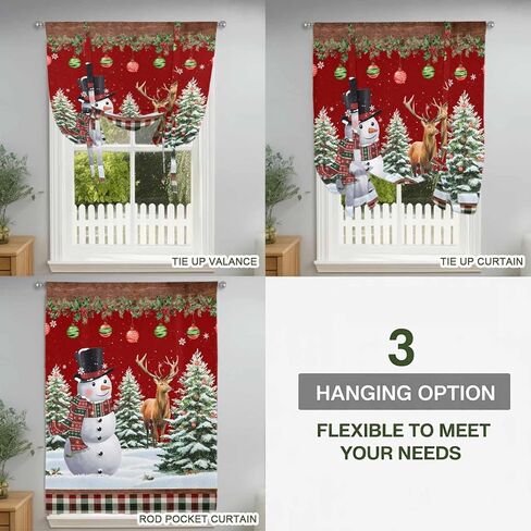 Red Christmas Tie Up Curtains for Window, Snowman Xmas Tree Ball Snowflake Elk Winter Thermal Balloon Shade Adjustable Rod Pocket Curtains Valance Panels for Kitchen Bathroom Café 52'' x 45'' in Saudi Arabia