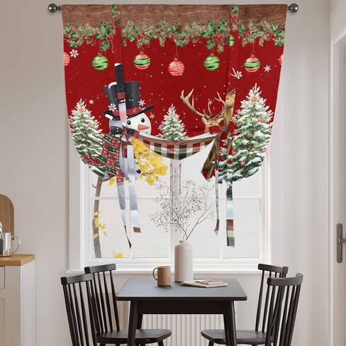 Red Christmas Tie Up Curtains for Window, Snowman Xmas Tree Ball Snowflake Elk Winter Thermal Balloon Shade Adjustable Rod Pocket Curtains Valance Panels for Kitchen Bathroom Café 52'' x 45'' in Saudi Arabia