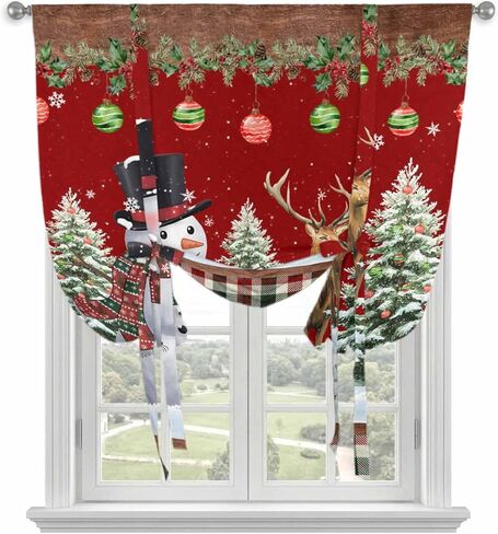 Red Christmas Tie Up Curtains for Window, Snowman Xmas Tree Ball Snowflake Elk Winter Thermal Balloon Shade Adjustable Rod Pocket Curtains Valance Panels for Kitchen Bathroom Café 52'' x 45'' in Saudi Arabia