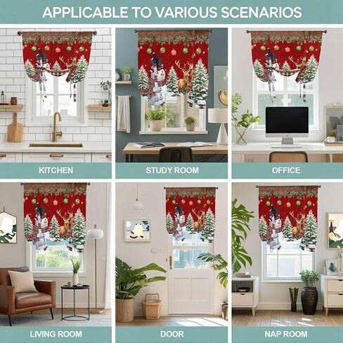 Red Christmas Tie Up Curtains for Window, Snowman Xmas Tree Ball Snowflake Elk Winter Thermal Balloon Shade Adjustable Rod Pocket Curtains Valance Panels for Kitchen Bathroom Café 52'' x 45'' in Saudi Arabia