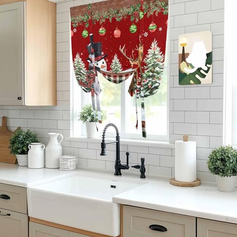 Red Christmas Tie Up Curtains for Window, Snowman Xmas Tree Ball Snowflake Elk Winter Thermal Balloon Shade Adjustable Rod Pocket Curtains Valance Panels for Kitchen Bathroom Café 52'' x 45'' in Saudi Arabia