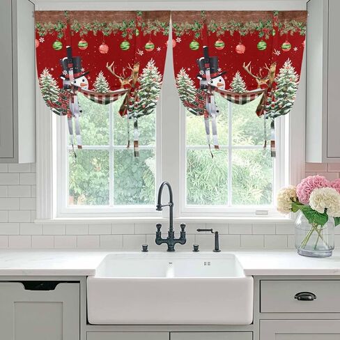 Red Christmas Tie Up Curtains for Window, Snowman Xmas Tree Ball Snowflake Elk Winter Thermal Balloon Shade Adjustable Rod Pocket Curtains Valance Panels for Kitchen Bathroom Café 52'' x 45'' in Saudi Arabia