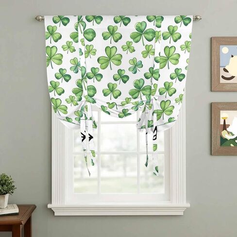 Saint Patrick's Day Tie Up Curtains for Window, Spring Lucky Shamrocks Grass Thermal Insulated Balloon Shade Adjustable Rod Pocket Curtains Valance Panels for Kitchen Bathroom Café 42'' x 63'' in Saudi Arabia