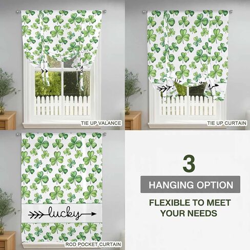 Saint Patrick's Day Tie Up Curtains for Window, Spring Lucky Shamrocks Grass Thermal Insulated Balloon Shade Adjustable Rod Pocket Curtains Valance Panels for Kitchen Bathroom Café 42'' x 63'' in Saudi Arabia